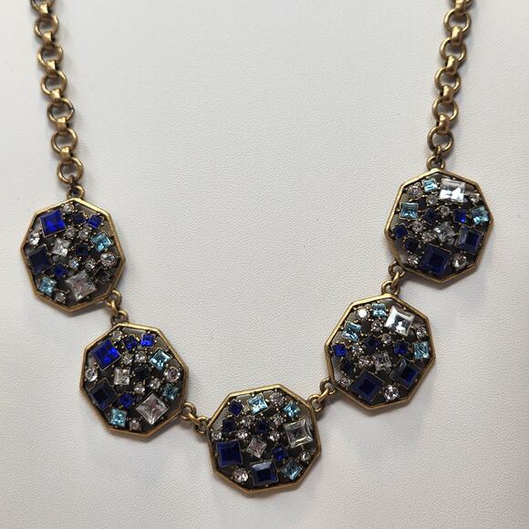 J Crew Gold Tone Blue Rhinestone Panel Chain Necklace Adjustable Art Deco Style - Picture 1 of 5
